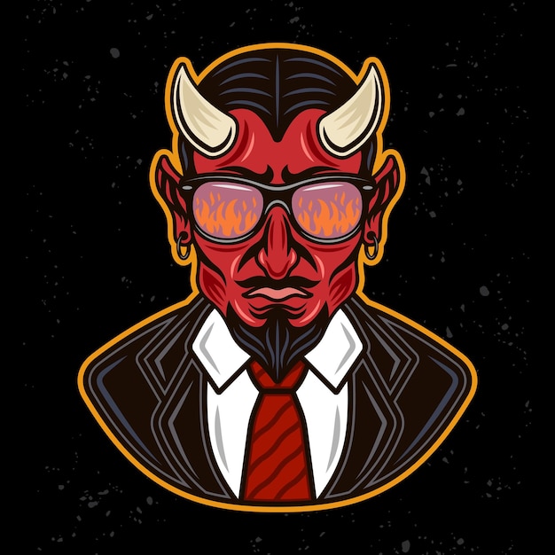 Hombre diablo en traje de carácter colorido vector ilustración en estilo de dibujos animados aislado sobre fondo oscuro