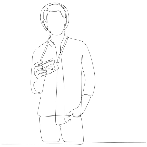 hombre de dibujo de línea continua haciendo fotos con cámara