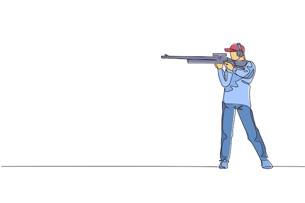 Un hombre de dibujo de línea continua en la práctica del campo de entrenamiento de tiro para la competencia con rifle