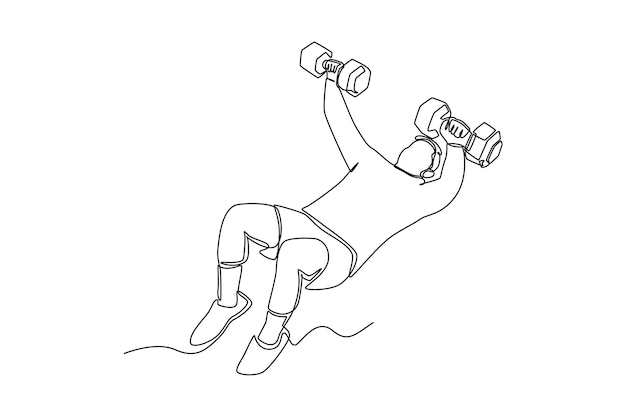 El hombre de dibujo de una sola línea hace volar con mancuernas en el piso Concepto de actividad de fitness Dibujo de línea continua diseño gráfico vector ilustración