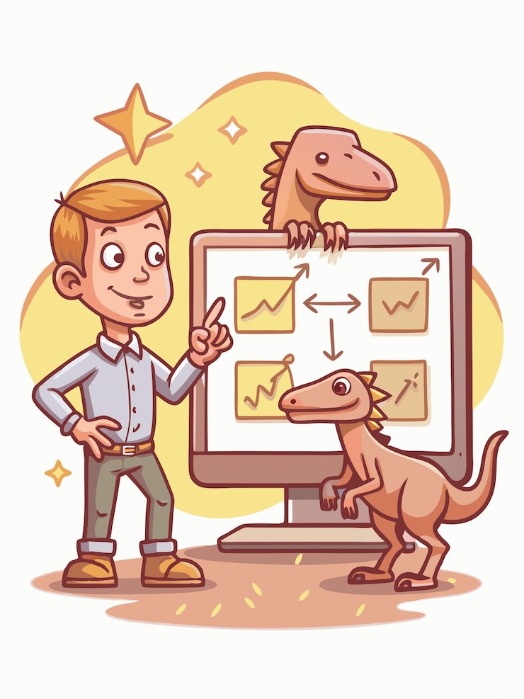 Vector un hombre de dibujos animados apuntando a un dinosaurio con un clipboard con un dinosaurio en él