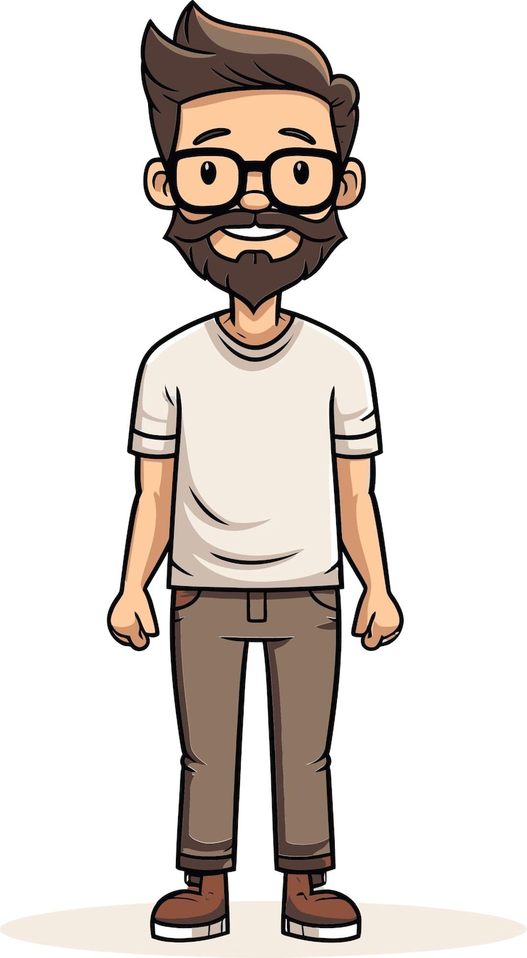 Vector un hombre de dibujos animados con barba y bigote con una camiseta blanca