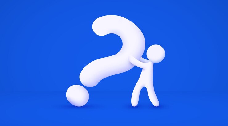 Vector hombre de dibujos animados blanco 3d con gran signo de interrogación concepto de resolución de problemas fondo azul aislado