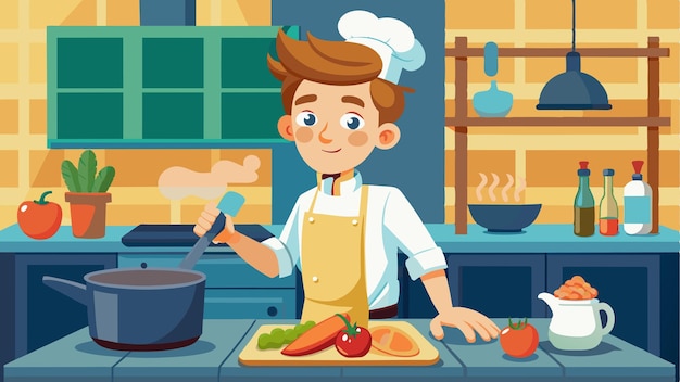 un hombre de dibujos animados en una cocina con un chef en el fondo