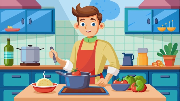 un hombre de dibujos animados cocinando en una cocina con un cuenco de comida