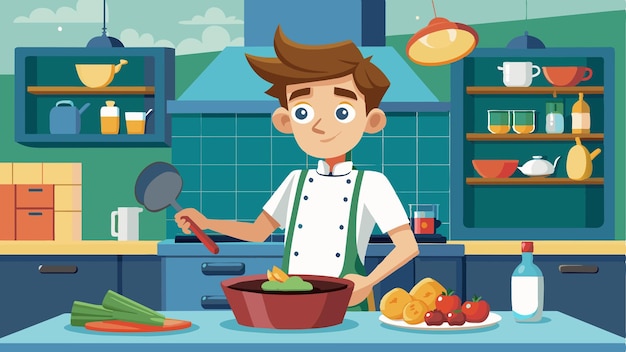 un hombre de dibujos animados cocinando en una cocina con un cuenco de comida