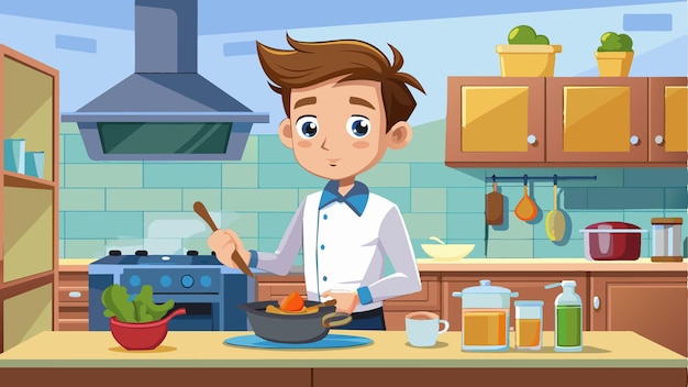 un hombre de dibujos animados cocinando en una cocina con un cuenco de comida