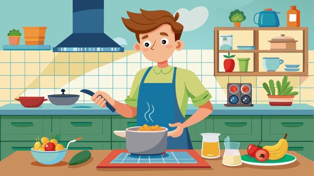 un hombre de dibujos animados cocinando en una cocina con un cuenco de comida