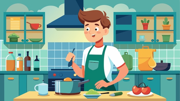 un hombre de dibujos animados cocinando en una cocina con una olla de comida
