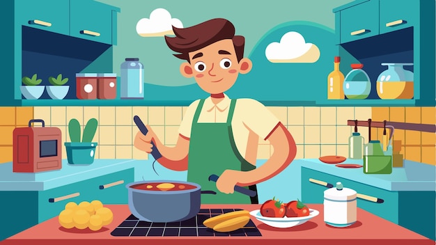 un hombre de dibujos animados cocinando en una cocina con una sartén de comida