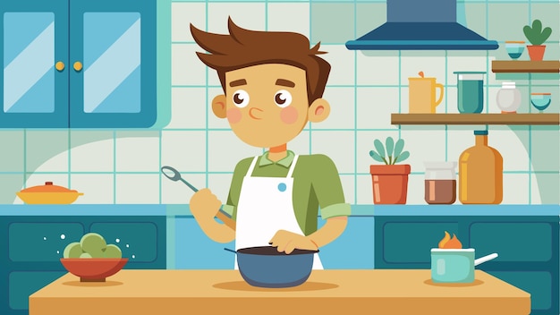 un hombre de dibujos animados cocinando en una cocina con una sartén de comida
