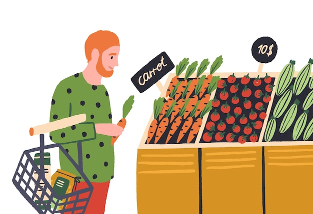 Hombre de dibujos animados eligiendo vegetales en la ilustración plana del vector de la tienda. comprador masculino colorido en la sección de productos de la tienda de comestibles aislada sobre fondo blanco. surtido de productos con precio de etiqueta.