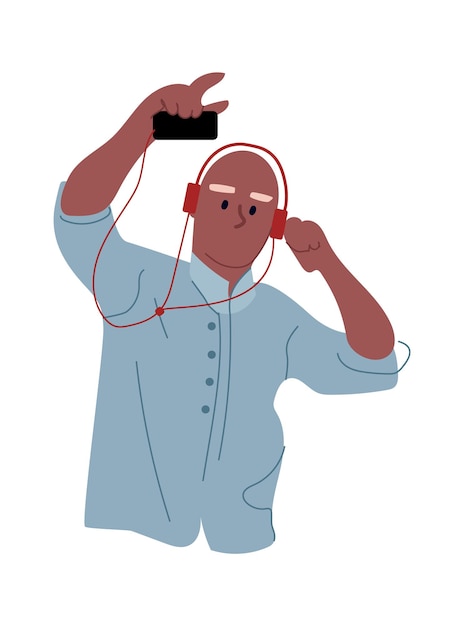 Hombre de dibujos animados escuchar música. personaje joven bailando con auriculares móviles y rojos. niño con smartphone cantando canciones tiempo libre, concepto de entretenimiento moderno vector plano aislado en blanco ilustración