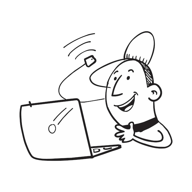 un hombre de dibujos animados está mirando una computadora portátil con un botón en la parte delantera