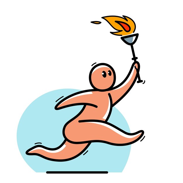 Hombre de dibujos animados gracioso corriendo con una antorcha como un campeón ilustración de estilo plano vectorial aislado en blanco dibujo o icono de chico pequeño lindo y positivo