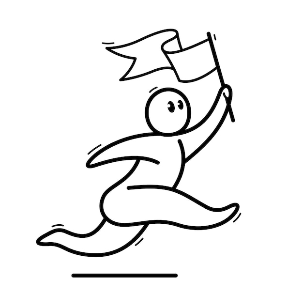 Hombre de dibujos animados gracioso corriendo con una bandera como un campeón o vector de éxito profesional ilustración de estilo plano aislado en blanco dibujo o icono de tipo pequeño lindo y positivo