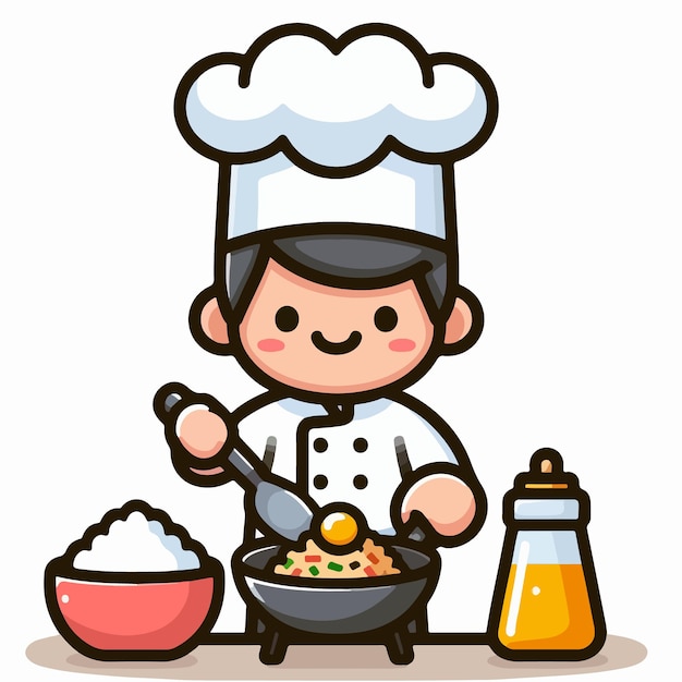 Hombre de dibujos animados gratis cocinando arroz frito Icon Icon de dibujo animado Ilustración de icono vectorial