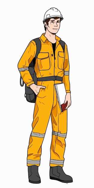 Un hombre de dibujos animados con una mochila y una bolsa que dice 'bombero'
