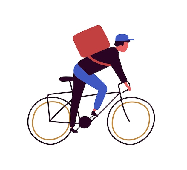 Hombre de dibujos animados de mochilero montando en bicicleta vector ilustración plana. ciclista de repartidor en bicicleta aislado sobre fondo blanco. personaje de chico en bicicleta con mochila grande.