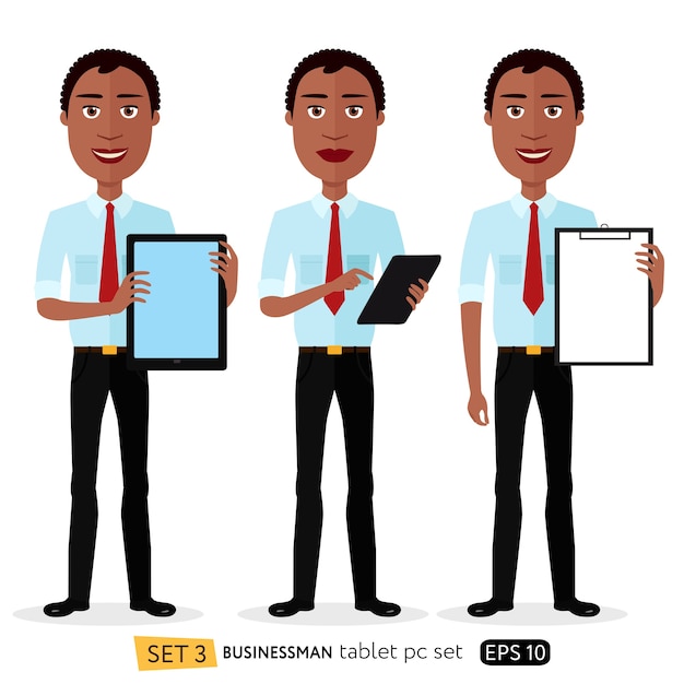 Vector hombre de dibujos animados de negocios sonriente africano con tableta