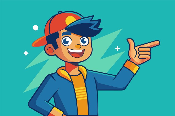 Vector un hombre de dibujos animados con los pulgares hacia arriba y un personaje de dibuyos animados que lleva un sombrero que dice "él está dando un t"