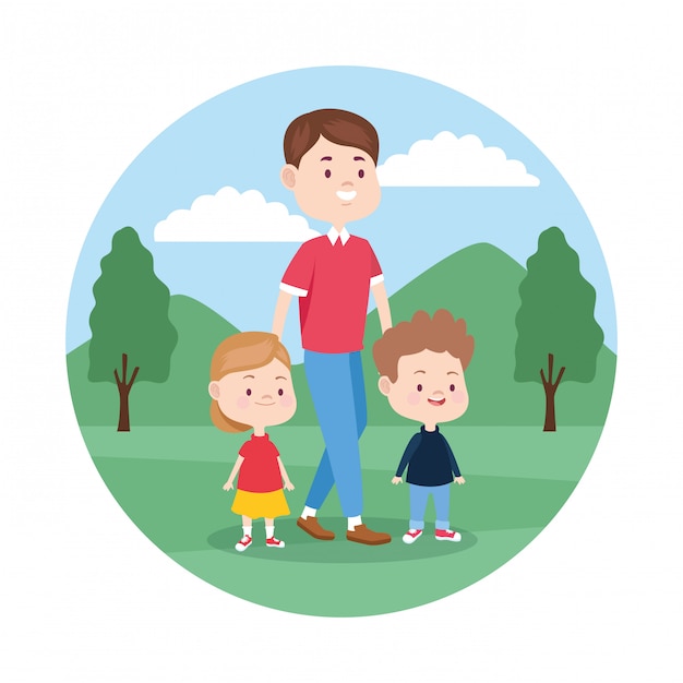 Hombre de dibujos animados con sus hijos