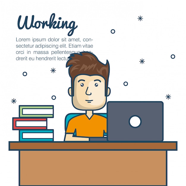hombre de dibujos animados trabajando escritorio portátil