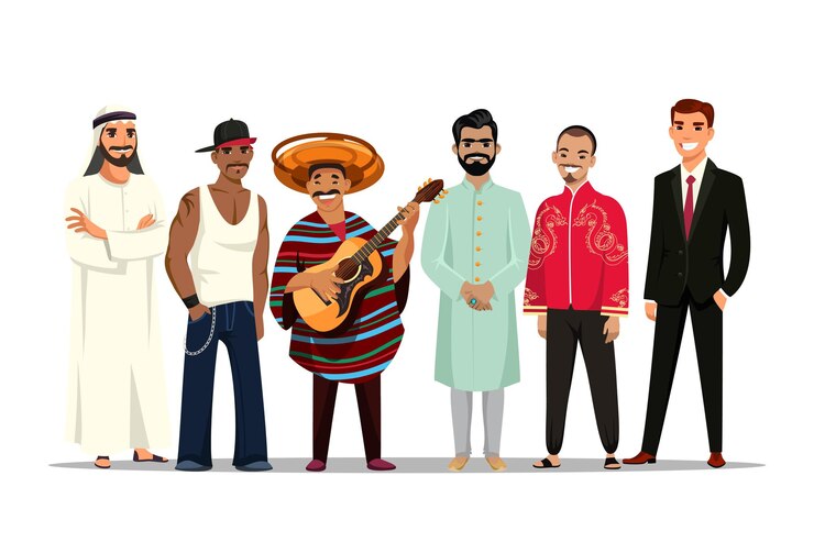 Vector hombre de diferente nacionalidad en traje tradicional establece variedad representante de carácter de nación