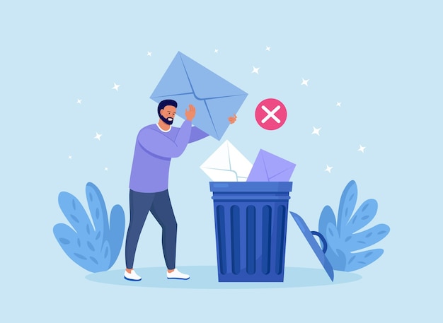 Hombre diminuto eliminando datos y moviendo archivos innecesarios a la papelera Limpiando la memoria digital limpiando el correo electrónico eliminando spam Chico sosteniendo un sobre con una carta o mensaje Usuario eliminando el correo electrónico a la papelera