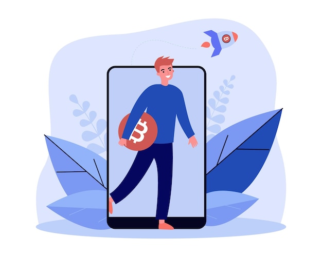 Hombre diminuto invirtiendo en bitcoin, mediante teléfono móvil. Criptomoneda despegando como ilustración de vector plano de cohete. Crecimiento de Bitcoin, concepto de mercado criptográfico para banner, diseño de sitios web o página web de destino