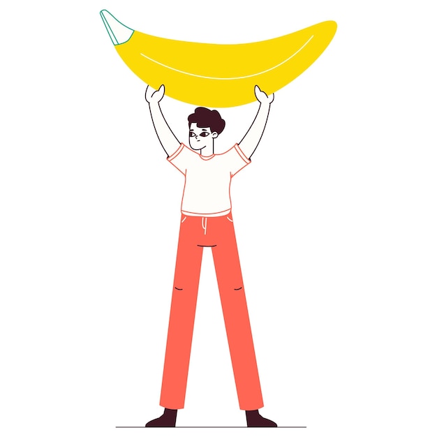 Un hombre diminuto que lleva un personaje masculino de plátano con un tipo de comida saludable vegetariana que sostiene una enorme ilustración de vector plano de plátano amarillo sobre fondo blanco