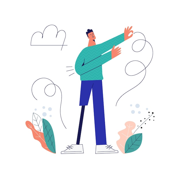 Hombre discapacitado con ilustración de vector plano de prótesis. Feliz chico discapacitado, personaje joven con discapacidad, retrato de hombre especial, trabajador discapacitado. Dibujo de moda aislado sobre fondo blanco.
