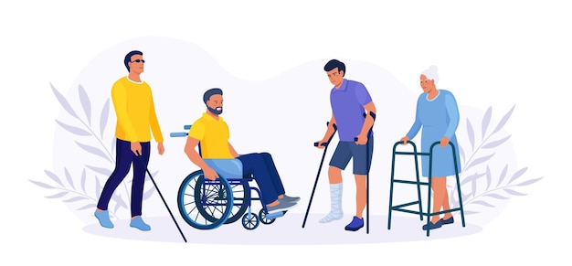 Hombre discapacitado sentado en silla de ruedas. La mujer está caminando, apoyándose en un andador ortopédico. Paciente ciego camina con bastón. Chico con pierna rota enyesado con muletas. Gente con discapacidades. Rehabilitación