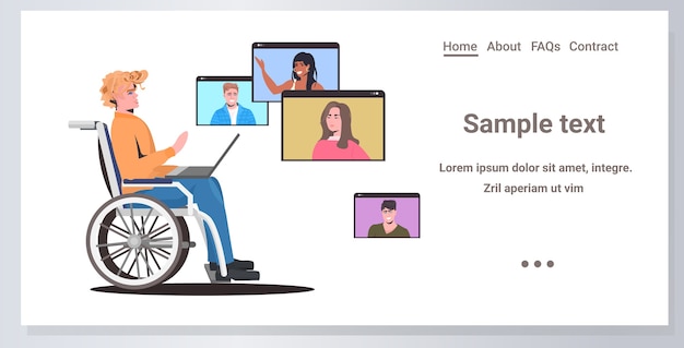Hombre discapacitado en silla de ruedas charlando con amigos de la raza mixta en las ventanas del navegador web durante la videollamada reunión en línea concepto de auto aislamiento espacio de copia