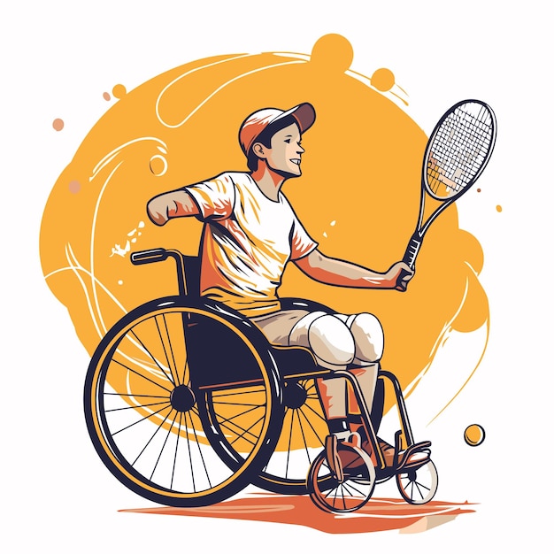 Vector hombre discapacitado en silla de ruedas jugando al tenis ilustración vectorial