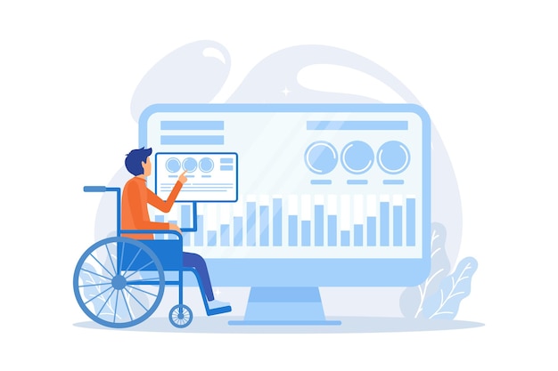 Hombre discapacitado en silla de ruedas. Rehabilitación del personaje herido. Tecnología de asistencia,