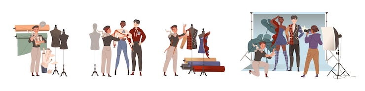 Vector hombre diseñador de moda o sastre con ajuste y medición de ropa modelo de ropa conjunto de ilustraciones vectoriales
