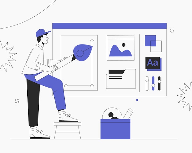 Hombre diseñando nuevos productos o mejorando los existentes. Lluvia de ideas empresarial, concepto de diseño UI UX de creación de una aplicación. Ilustración de vector de estilo plano.