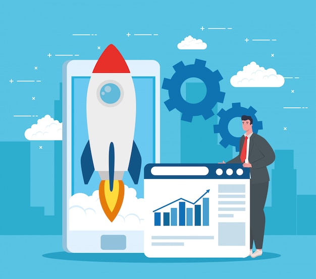 Hombre con diseño de vector de sitio web y teléfono inteligente cohete de inicio