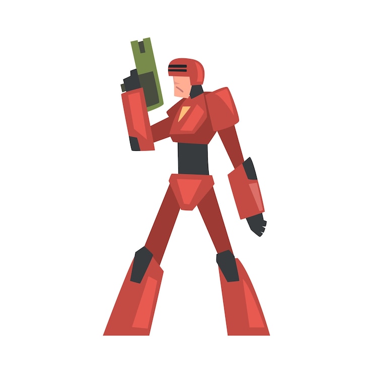 Vector hombre con disfraz de robot rojo con arma cyborg o personaje de superhéroe fiesta de carnaval o mascarada ilustración vectorial al estilo de dibujos animados