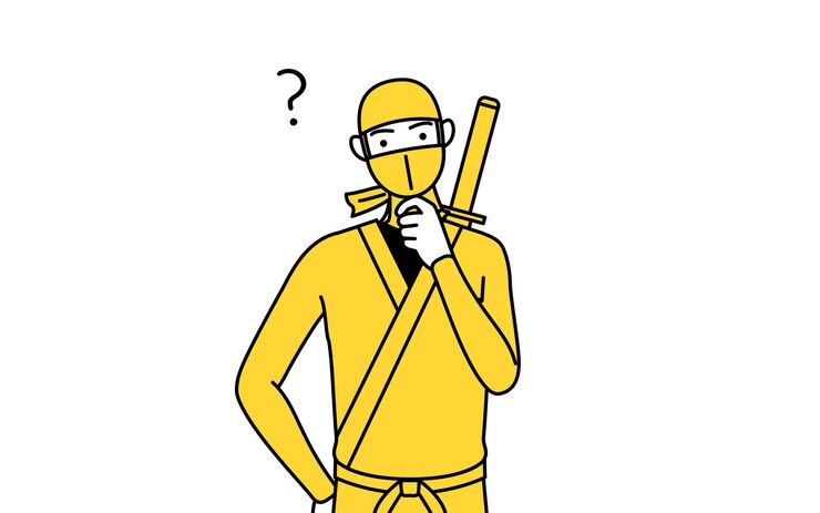 Vector un hombre disfrazado de ninja con preguntas.
