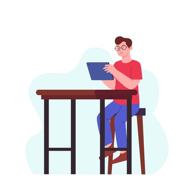 Hombre disfruta con tableta en silla en diseño plano