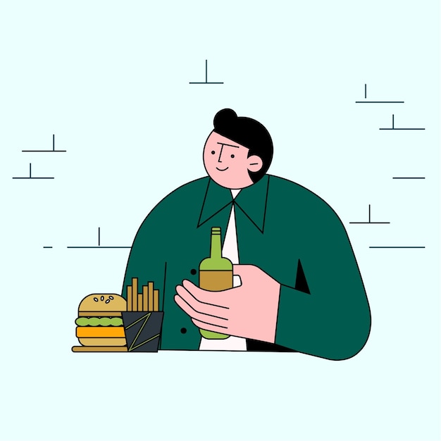 Hombre disfrutando de una hamburguesa y una cerveza