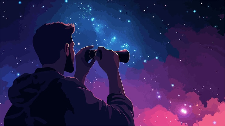Vector hombre disfrutando de mirar las estrellas por la noche joven observando las estrellas en el cielo