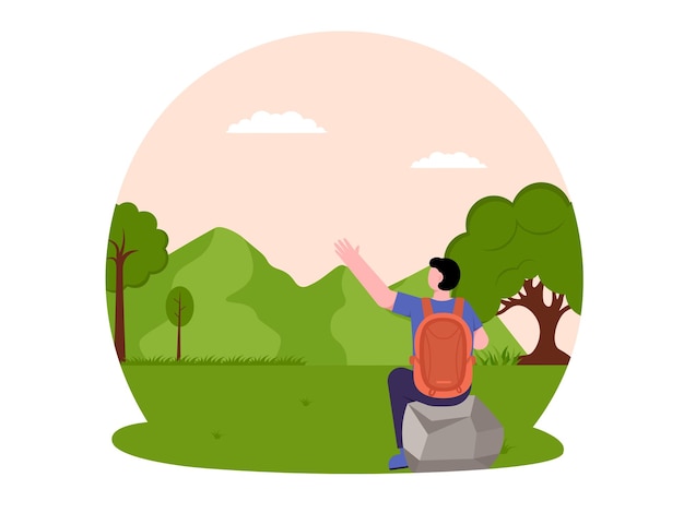 Hombre disfrutando de la vista con ilustración de mochilero