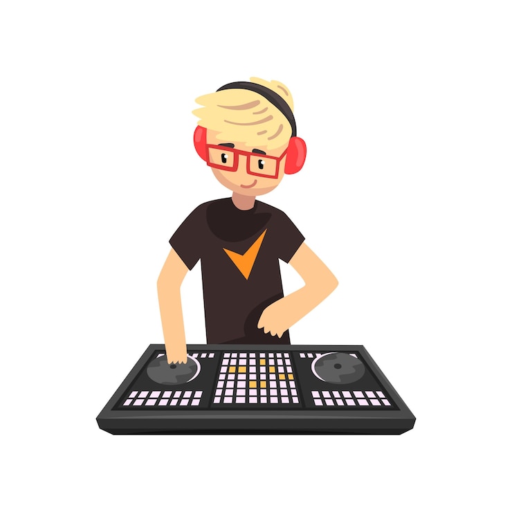 Vector hombre dj mezclando música en tocadiscos de vinilo joven tocando música en el vector de la cubierta de la consola mezcladora ilustración aislada en un fondo blanco