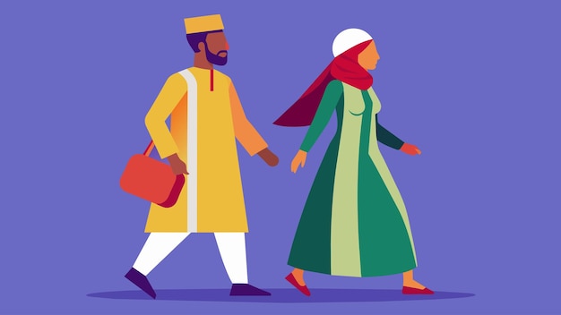 Vector un hombre con una djellaba tradicional y un fez caminando al lado de una mujer en un sur de colores brillantes