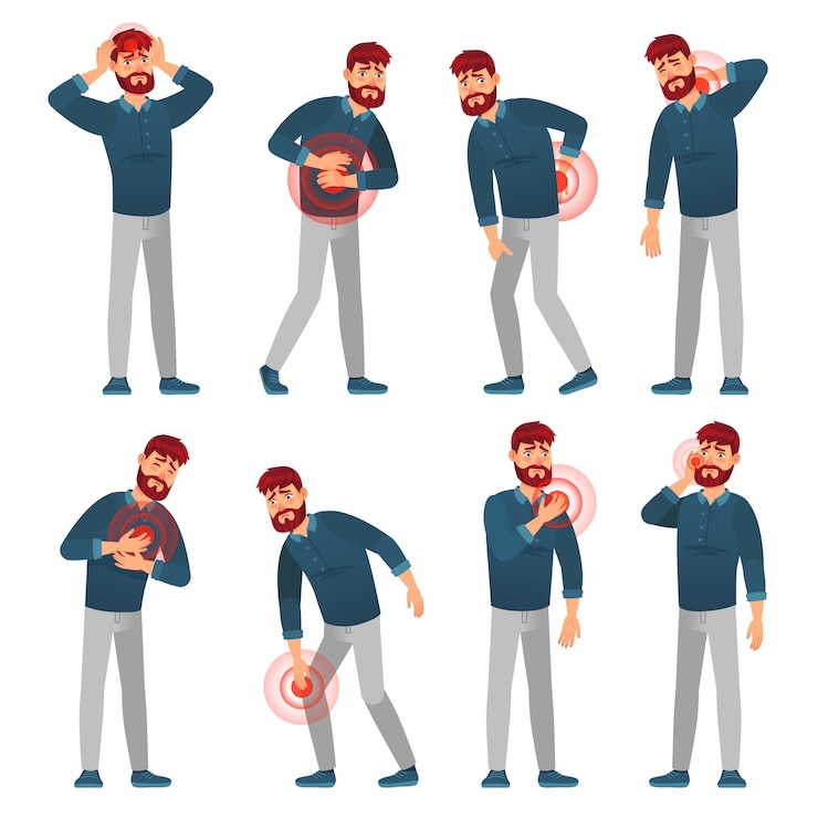 Vector hombre con dolor. enfermedad de los hombres con áreas de dolor, migraña y dolor de estómago. dolor dolorosas zonas de dibujos animados conjunto de ilustraciones vectoriales