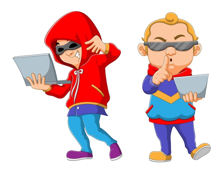 Vector el hombre de dos hackers está cargando la computadora portátil y lleva una sudadera con capucha con gafas negras de ilustración.
