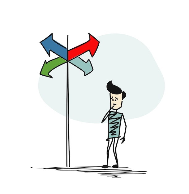 Hombre en duda, teniendo que elegir entre las opciones correctas indicadas por el concepto de dirección de flechas. Ilustración de Vector de dibujo dibujado a mano de dibujos animados.